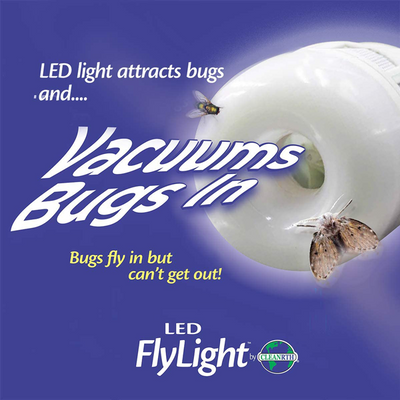 FLYLIGHT™ an LED Light Bulb that Vacuums Flying Bugs, Traps, & Creates Insect Fly Control